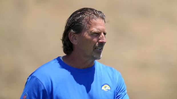 May 23, 2022; Thousand Oaks, CA, USA; Los Angeles Rams senior offensive assistant coach Greg Olson during organized team activities at California Lutheran University. Mandatory Credit: Kirby Lee-USA TODAY Sports